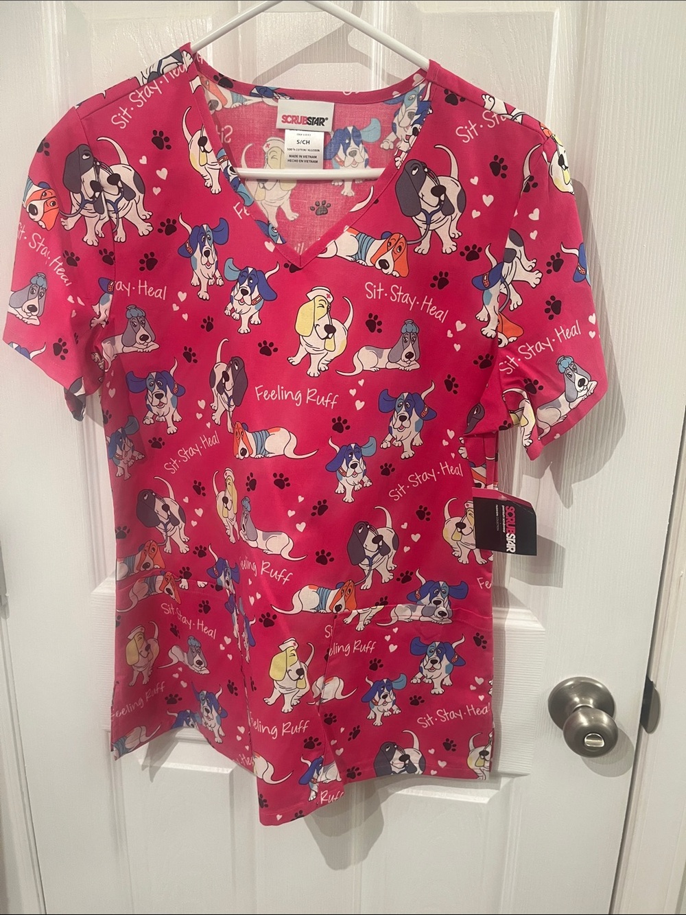 Scrubstar Vibrant Pink Puppy Print Scrub Top